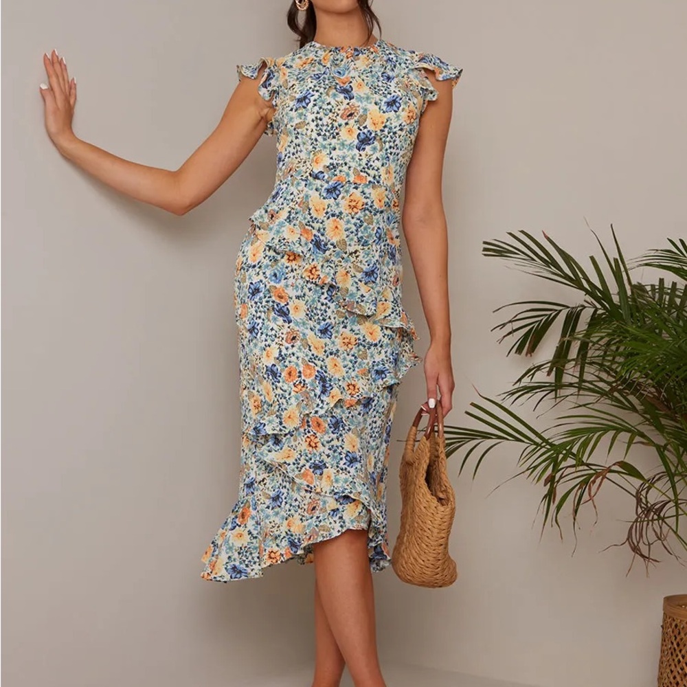 Chi Chi London Floral Midi Dress - Blue and Orange